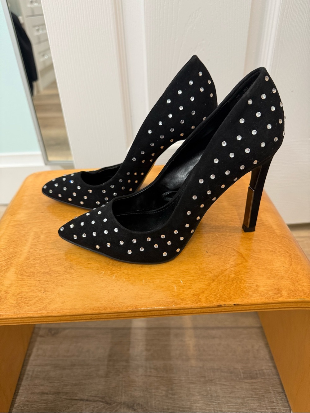 DKNY Black Pointed Toe Stiletto Heels with Rhinestone Studs